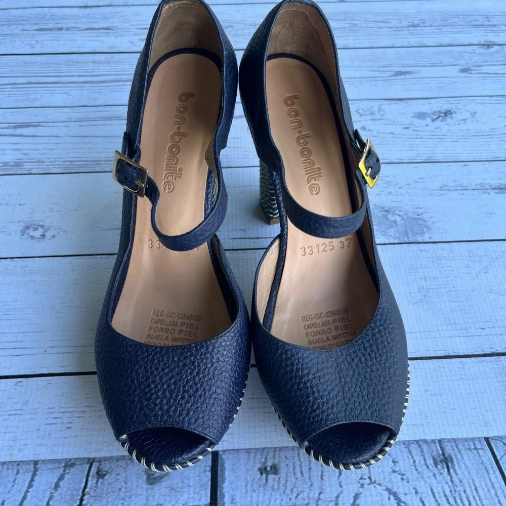 Bon-Bonite Navy Pebbled Leather Platform Mary Jane Peep Toe Heels Size 37
